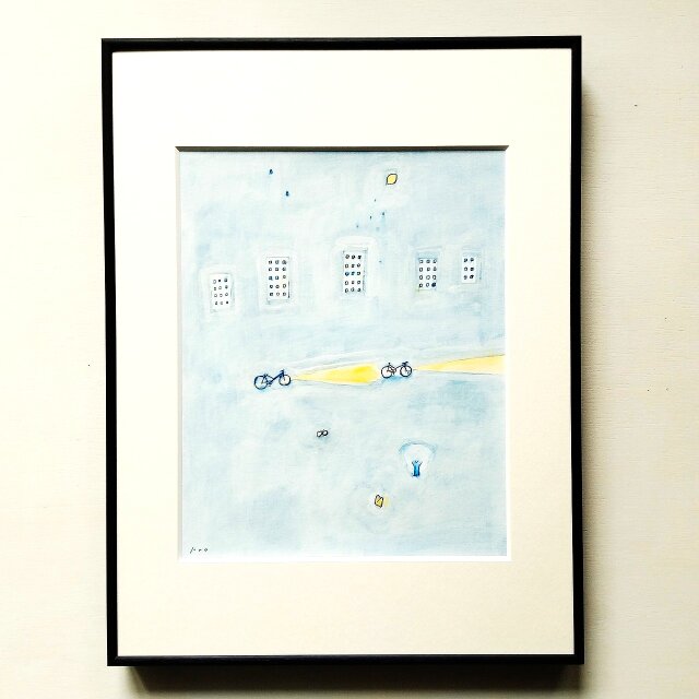 原画「レモンの夜に」イラスト 水彩 絵画 一点物 ※太子サイズ額縁入り