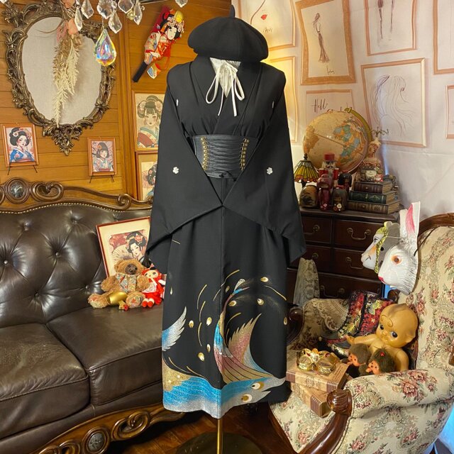 黒留袖 着物 リメイク ワンピース ドレス セミロング 和洋折衷 洗える