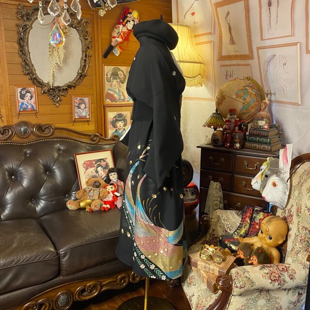 黒留袖 着物 リメイク ワンピース ドレス セミロング 和洋折衷 洗える