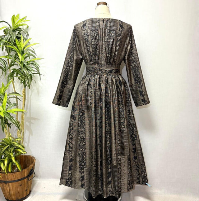 着物リメイク 大島紬花柄ワンピース ジャンパースカート 2WAY ゆったり