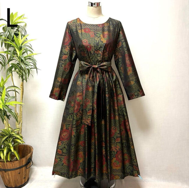 着物リメイク 大島紬花柄ロングワンピース ジャンパースカート 2WAY