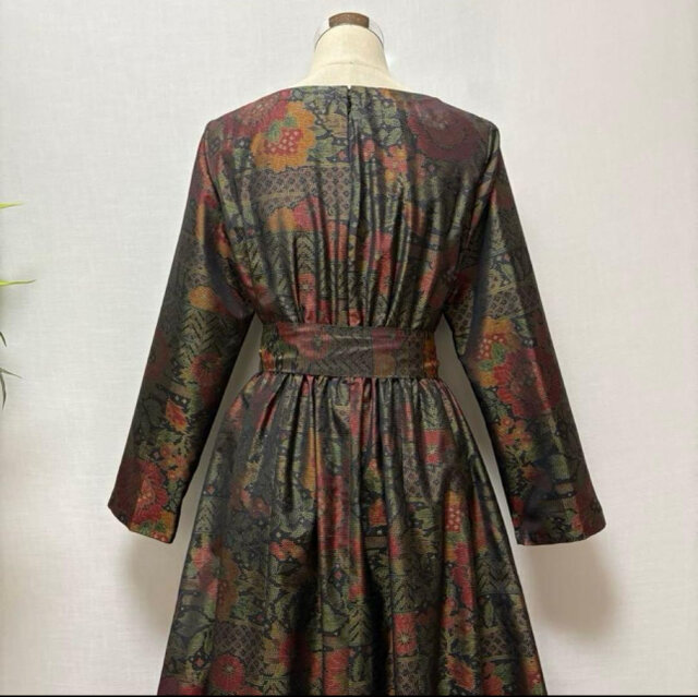 着物リメイク 大島紬花柄ロングワンピース ジャンパースカート 2WAY