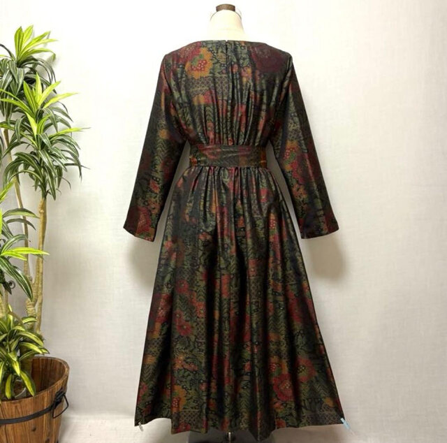 着物リメイク 大島紬花柄ロングワンピース ジャンパースカート 2WAY