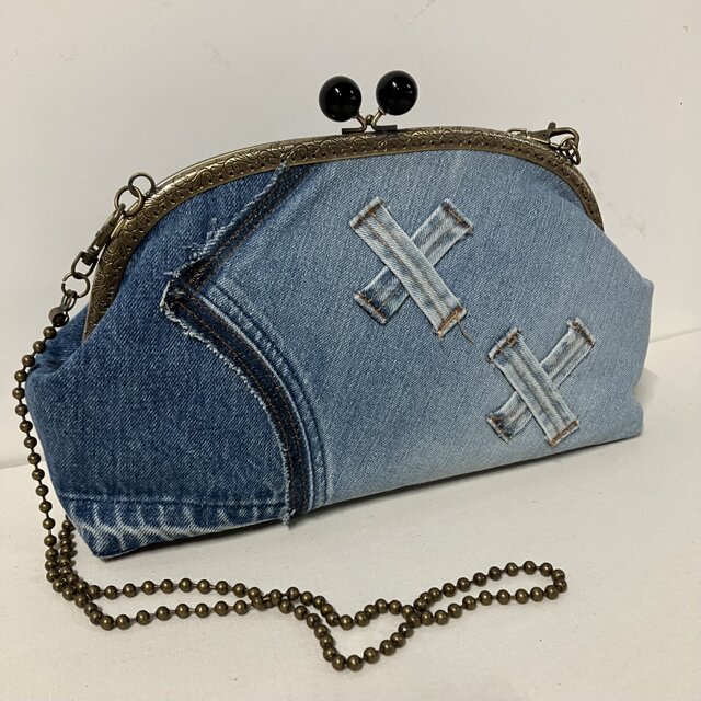 ファッション雑貨 ＊あおり型がま口トート＊デニムポケットが可愛い