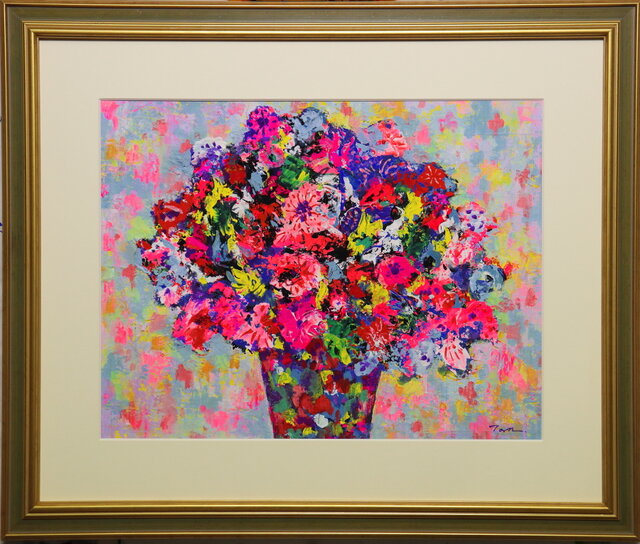 Flowers」(NO.2601) 6号F ケント紙にアクリル絵の具 額付き 送料無料