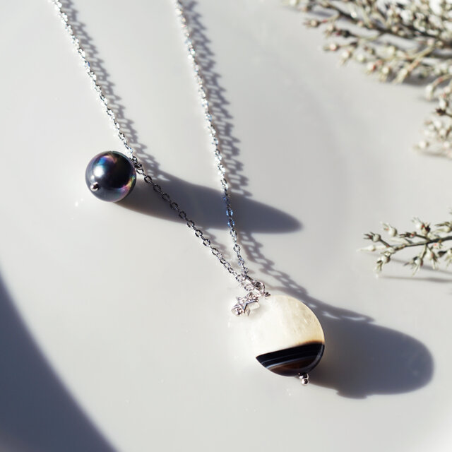 縞瑪瑙による夜明けと明星のネックレス・サージカルステンレス
