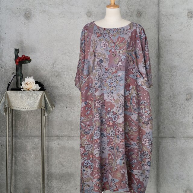 辻ヶ花文様のワンピース ゆったり目 ドロップショルダー 着物リメイク