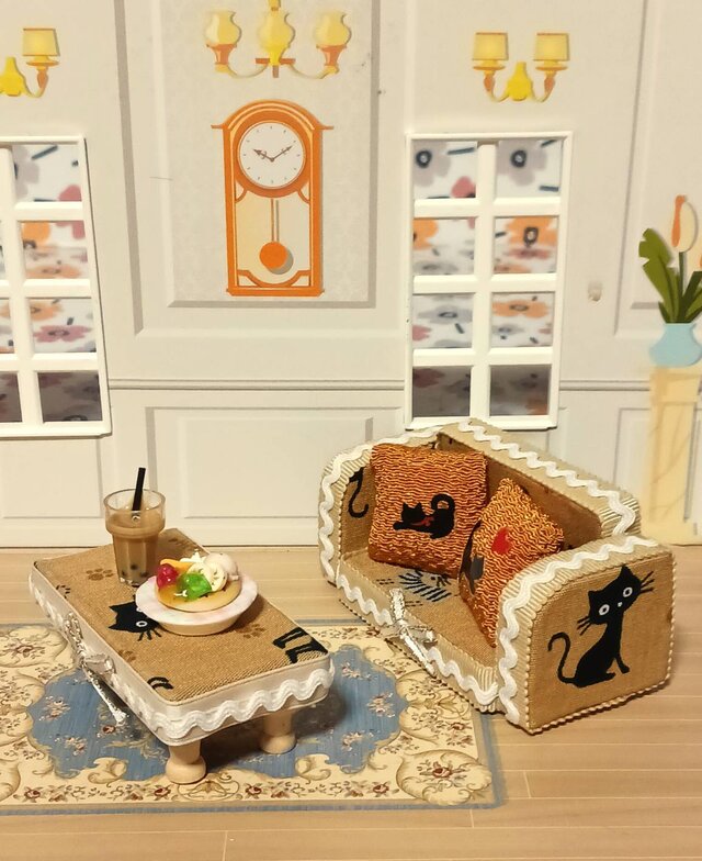 猫デザインのミニチュアソファ－樹脂手作りケーキ・パピオカ6点セット