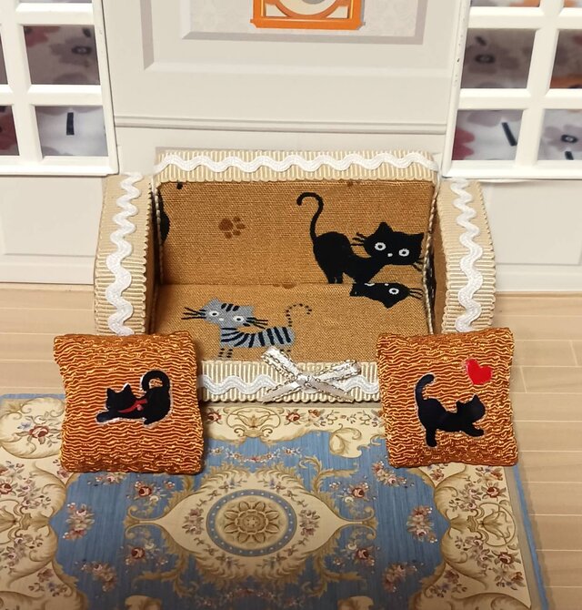 猫デザインのミニチュアソファ－樹脂手作りケーキ・パピオカ6点セット