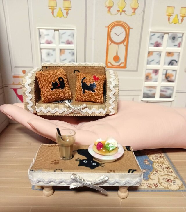 猫デザインのミニチュアソファ－樹脂手作りケーキ・パピオカ6点セット