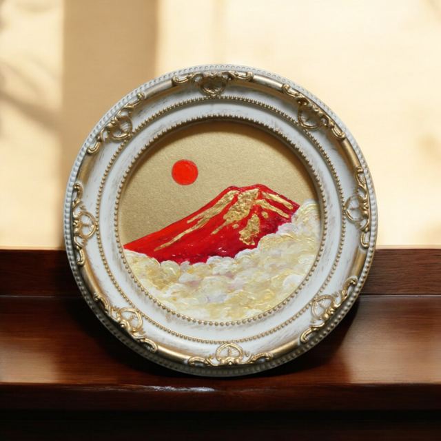 油絵 円形ミニ絵画【赤富士】【金】モダンインテリアアート | iichi