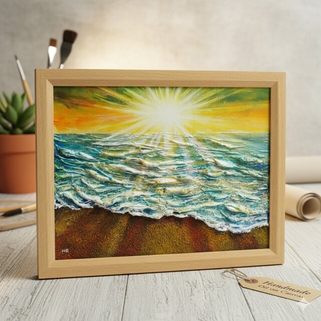油絵 【潮風のまどろむ浜辺で】 海の絵 朝焼け 砂浜 アート | iichi