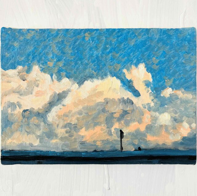 原画 油彩画「近所の風景 高速と空」絵画・サムホールサイズ（16×23