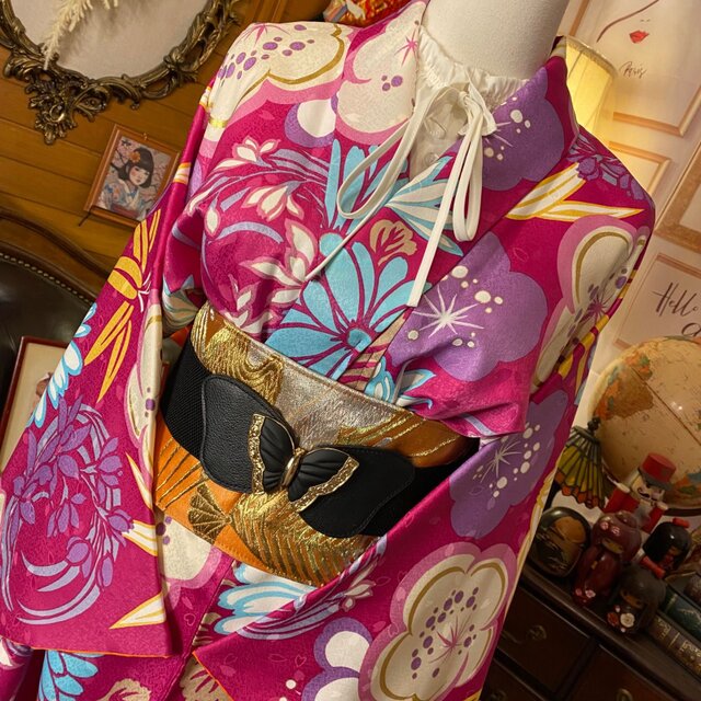 振袖 着物 ロングワンピース ドレス 2部式ローズ/バラ作り帯 リメイク