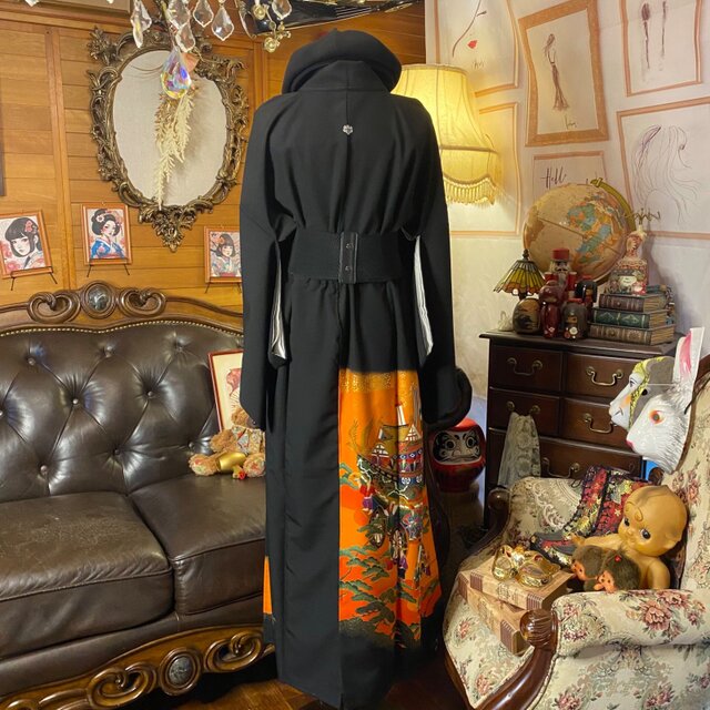 黒留袖 着物 リメイク ワンピース ドレス ロング 和洋折衷 洗える 化繊 ハンドメイド レトロ 古着 黄金の山車と古都の祝祭 TKW-116 黒留袖 着物 リメイク ワンピース ドレス ロング 和洋折衷 洗える 化繊