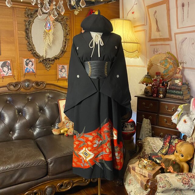 黒留袖 着物 リメイク ワンピース ドレス セミロング 和洋折衷 洗える