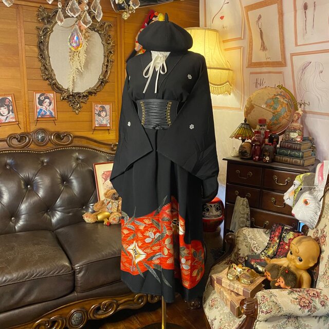 黒留袖 着物 リメイク ワンピース ドレス セミロング 和洋折衷 洗える