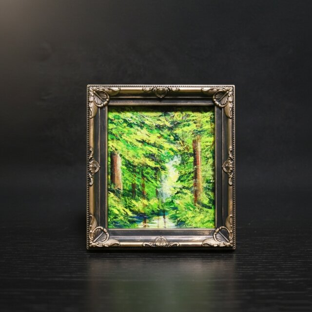 絵画 油彩 ミニ色紙絵 「緑の湖」 | iichi 日々の暮らしを心地よくする