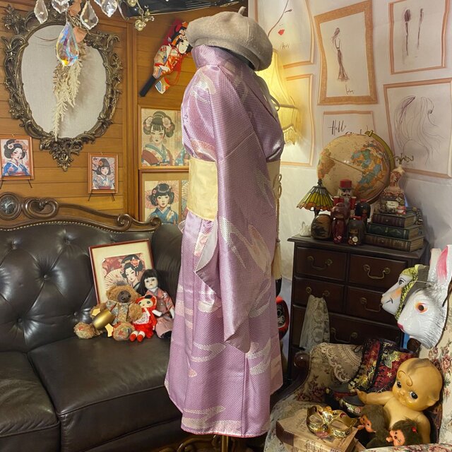 着物リメイク ワンピース ドレス ミニミディ 洗える 化繊 帯サッシュベルト 和洋折衷 レトロ 古着 ハンドメイド 優美なラベンダー・幾何学模様 KW-1212 着物リメイク ワンピース ドレス ミニミディ 洗える 化繊 帯 和洋折衷