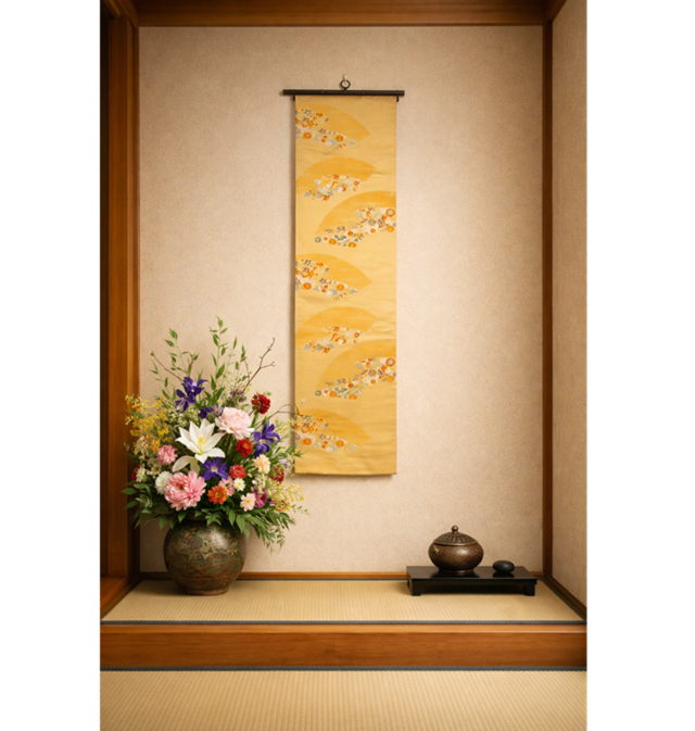 16)2407】180cm/扇小花文様/タペストリー・テーブルランナー/和風/帯