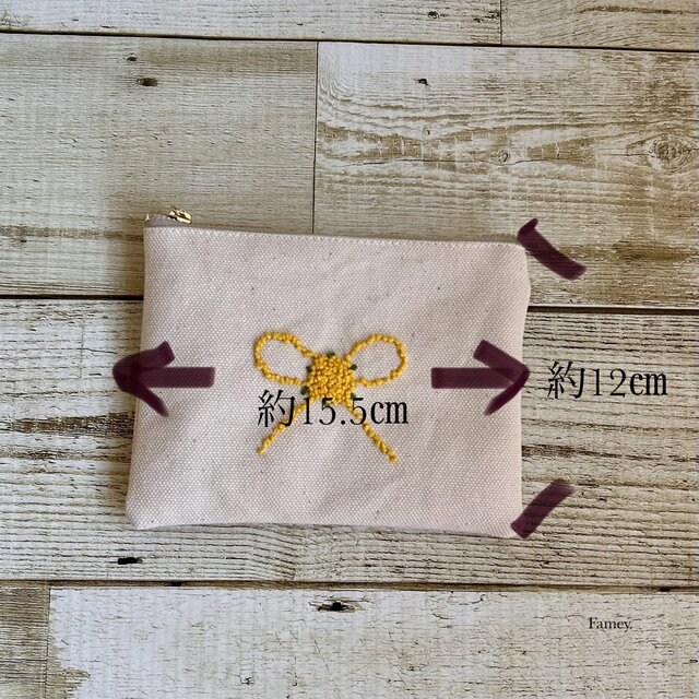 大人かわいい手刺繍ミモザリボンポーチ(ポケットティッシュサイズ