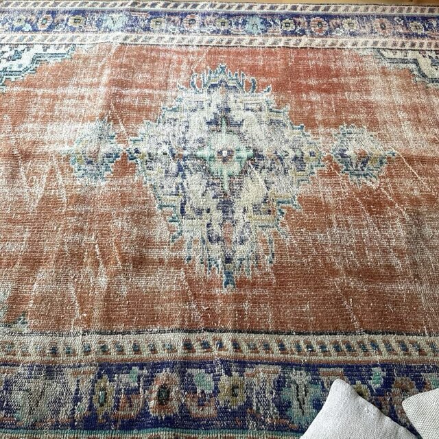 大判162×227 夕焼けオレンジ 擦れ メダリオン トルコヴィンテージラグ