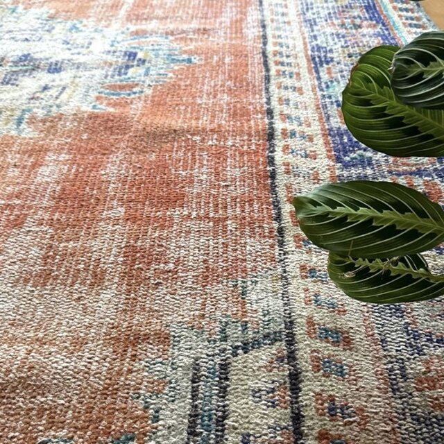 大判162×227 夕焼けオレンジ 擦れ メダリオン トルコヴィンテージラグ