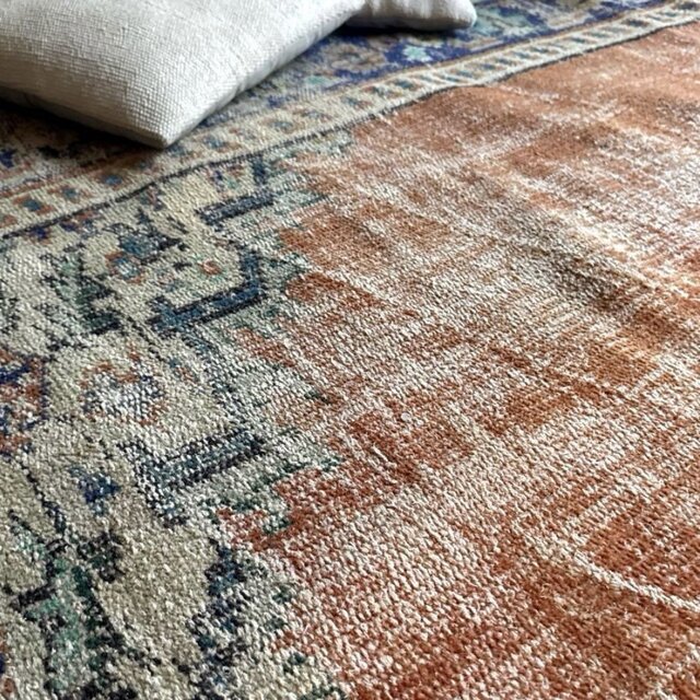 大判162×227 夕焼けオレンジ 擦れ メダリオン トルコヴィンテージラグ