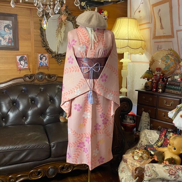 着物リメイク ワンピース ドレス セミロング 洗える 化繊 名古屋帯