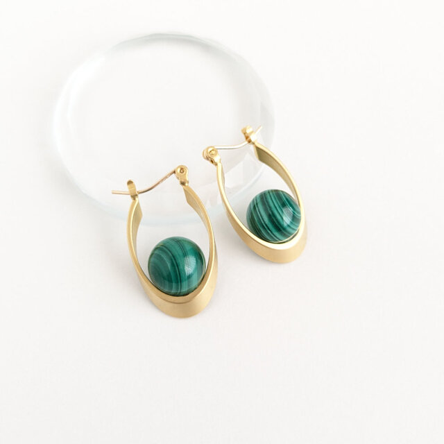 クローバーピアス　マラカイト　天然石ピアス 14kgfピアス[Beautiful stripes/Gold] Malachite マラカイト 天然石