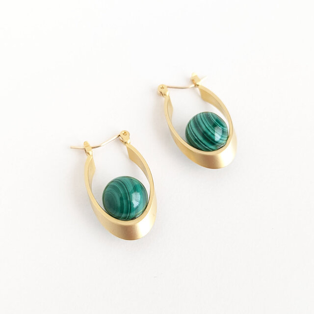 14kgfピアス[Beautiful stripes/Gold] Malachite マラカイト 天然石