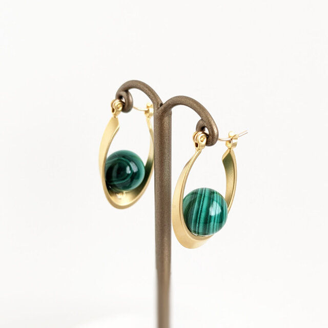 14kgfピアス[Beautiful stripes/Gold] Malachite マラカイト 天然石