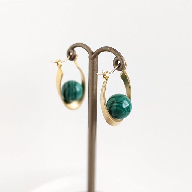 14kgfピアス[Beautiful stripes/Gold] Malachite マラカイト 天然石