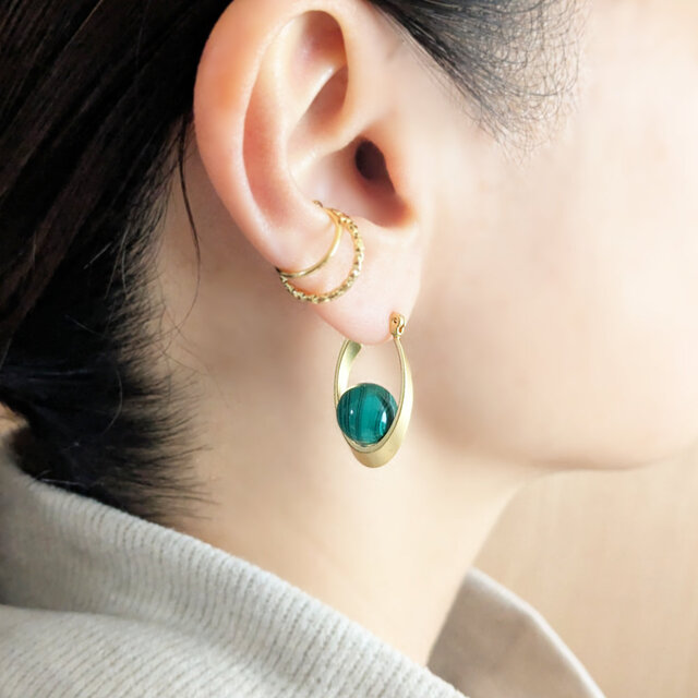 14kgfピアス[Beautiful stripes/Gold] Malachite マラカイト 天然石
