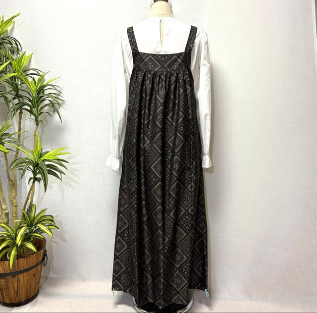 着物リメイク 大島紬花柄ワンピース ジャンパースカート ノースリーブ