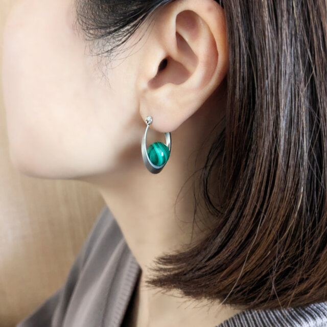 sv925ピアス[Beautiful stripes/Silver] Malachite マラカイト 天然石