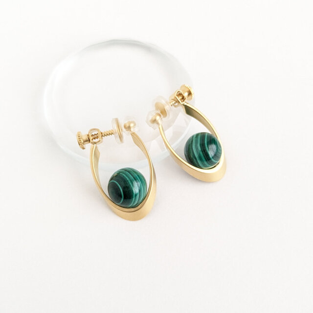 イヤリング[Beautiful stripes/Gold] Malachite マラカイト 天然石