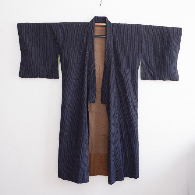 昭和初期〜中期頃 木綿 藍染縞 長着着物 裏面 クレイジーパターン