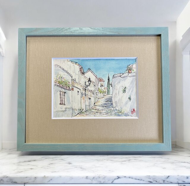 坂道をのぼれば(スペイン、グラナダ、原画、透明水彩、額付き