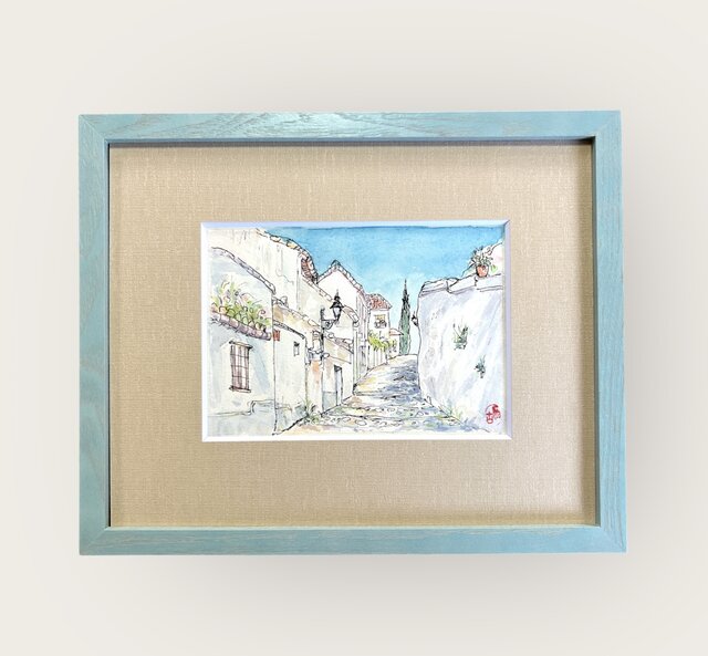 坂道をのぼれば(スペイン、グラナダ、原画、透明水彩、額付き