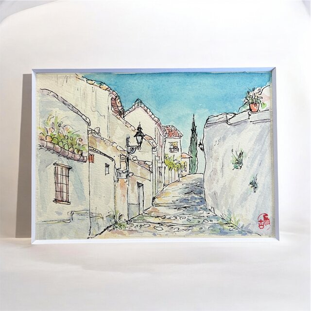 坂道をのぼれば(スペイン、グラナダ、原画、透明水彩、額付き