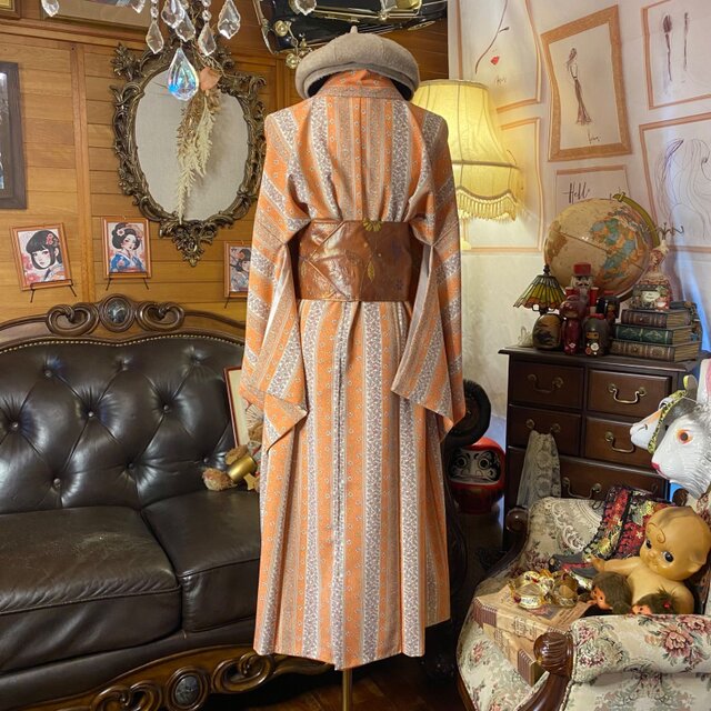 美品★着物リメイクドレス/ワンピース S 着物リメイク ワンピース ドレス セミロング 洗える 化繊 名古屋帯