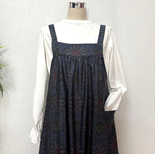 着物リメイク 大島紬花柄ジャンパースカート ロングワンピース ミモレ