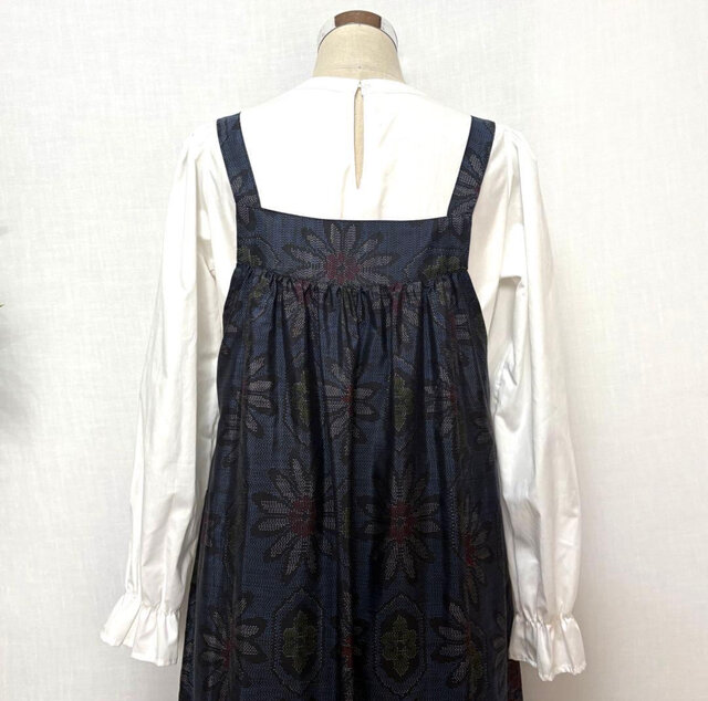 着物リメイク 大島紬花柄ジャンパースカート ロングワンピース ミモレ