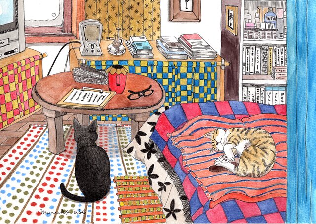 「二匹の部屋」猫イラスト（原画）一点物 二匹の部屋」猫イラスト（原画）一点物 インテリアアート | iichi 日々