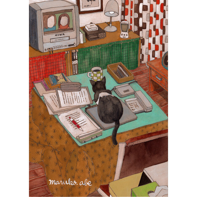 色鉛筆画 name:こたつ猫ちゃん ハガキサイズ 原画 こたつ猫 色鉛筆画