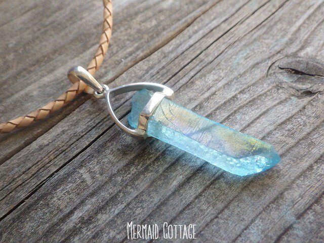 sv925 Aqua aura quartz necklace アクアオーラ原石ポイントの革紐