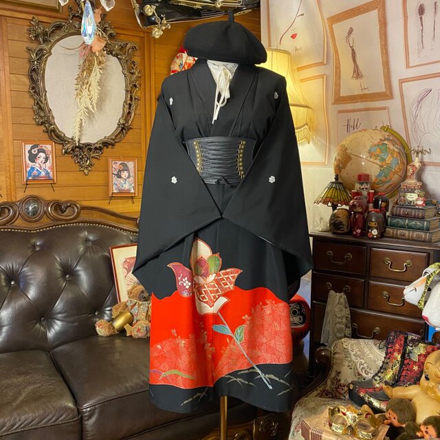 黒留袖 着物 リメイク ワンピース ドレス 和洋折衷 洗える 化繊 真紅の