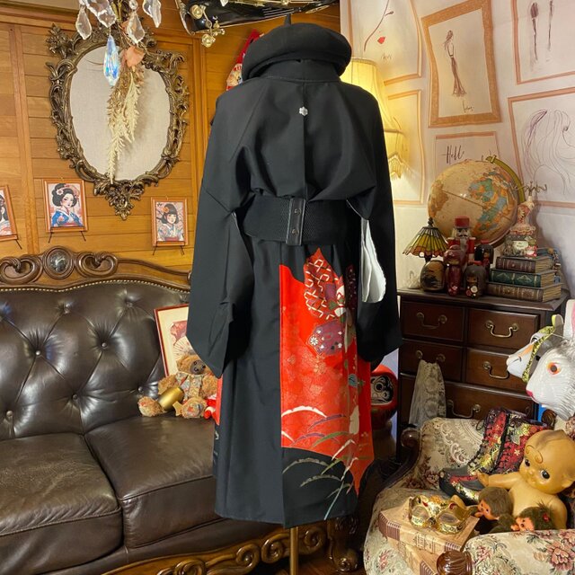 黒留袖 着物 リメイク ワンピース ドレス 和洋折衷 洗える 化繊 真紅の