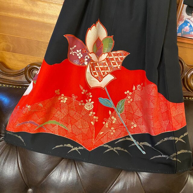 黒留袖 着物 リメイク ワンピース ドレス 和洋折衷 洗える 化繊 真紅の